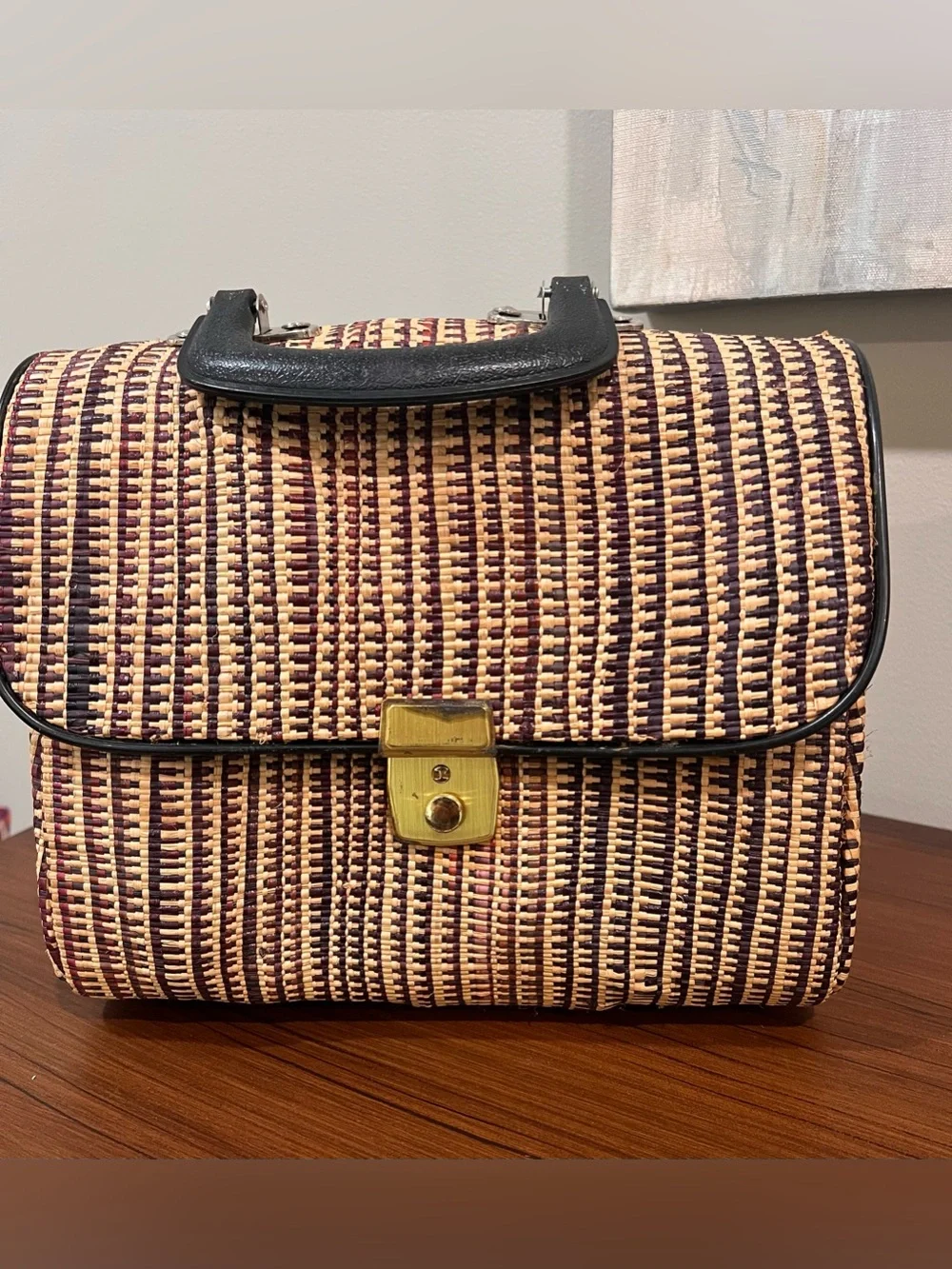 Vintage Woven Straw Top Handle Handbag Structured Boho Mod Retro Purse